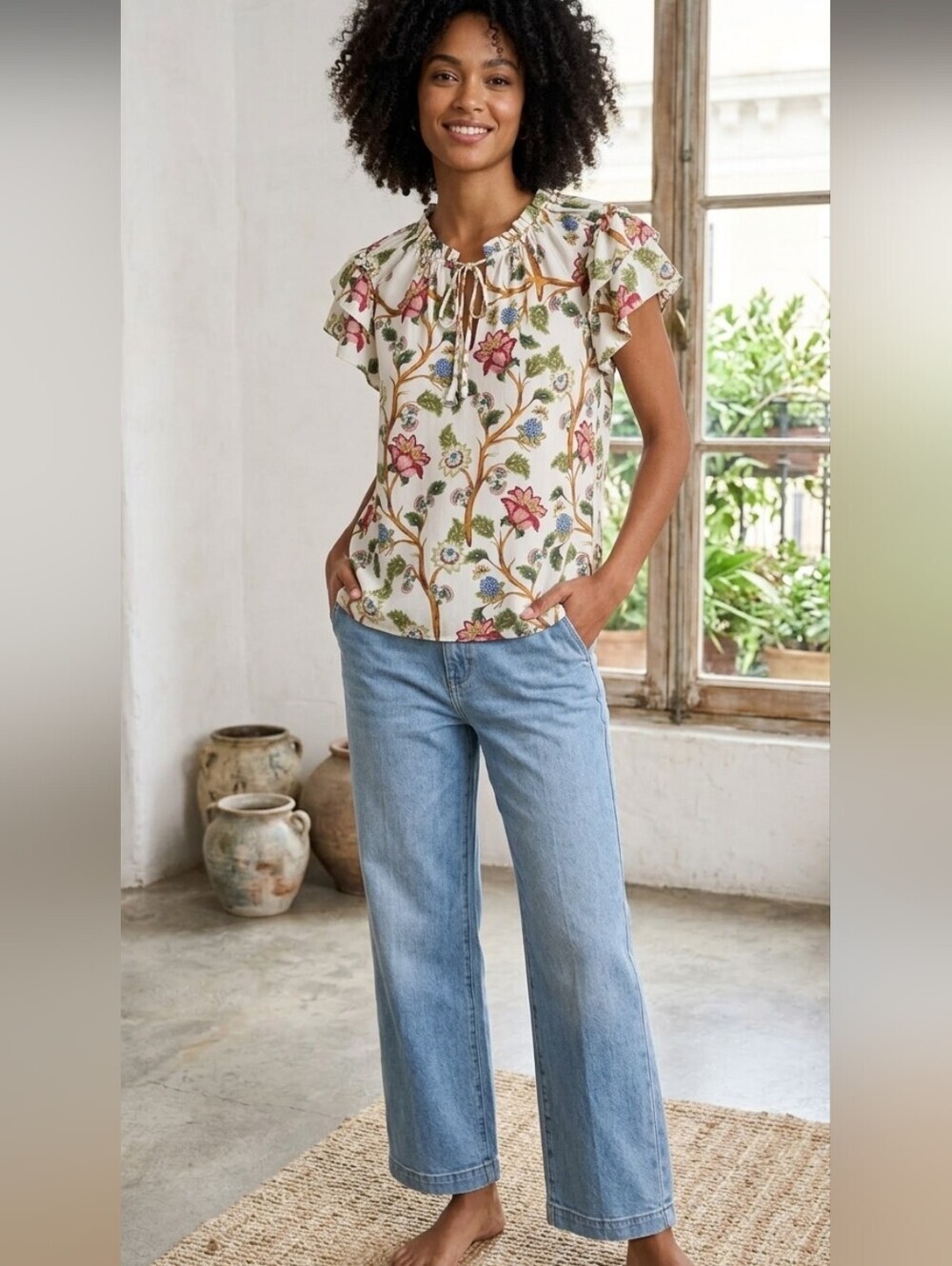 Rose & Olive Floral Ruffle Sleeve Blouse Tan Multi Tie Neckline Size Medium
